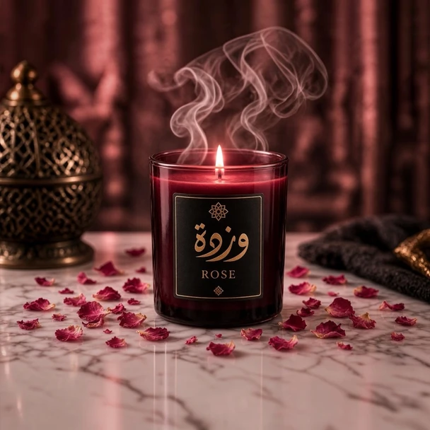 A warm golden tin candle featuring a black and gold Arabic calligraphy label reading "عنبر" (Amber) with rising wisps of smoke and raw amber resin stones on a wooden table.
