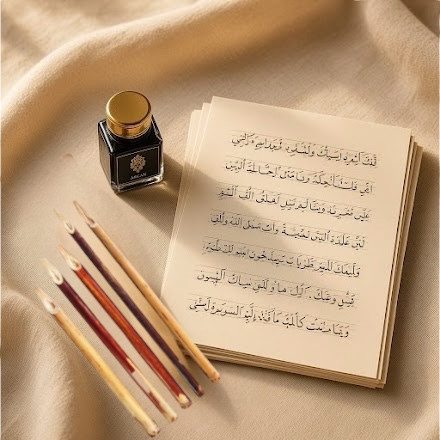 A flat-lay photo showing an expanded set of five wooden reed pens aligned next to an ink bottle and a stack of A5 practice sheets with traditional Arabic script on a neutral textile background.