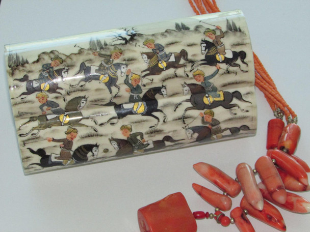 Luxury Camel bone miniature Jewelry's box , 3 house Hand Painted Camel Bone Box , camel souvenir Premium Design Showcase