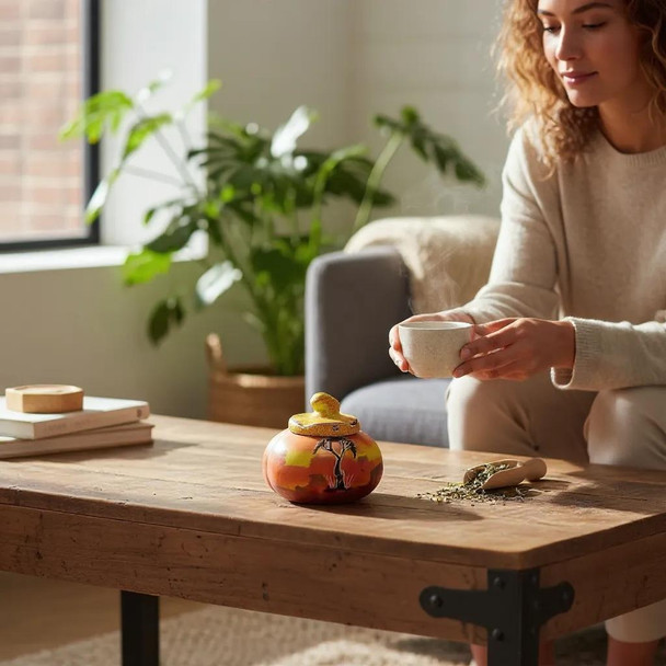 The soapstone sugar bowl displayed as a functional kitchen accessory, highlighting the elegance of its pumpkin-inspired design.