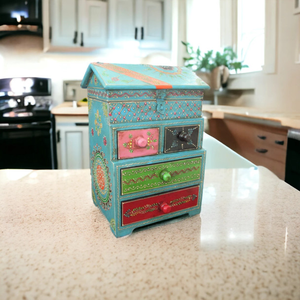 A unique, handcrafted storage solution that combines functional organization with the vivid, storied tradition of Indian decorative painting.