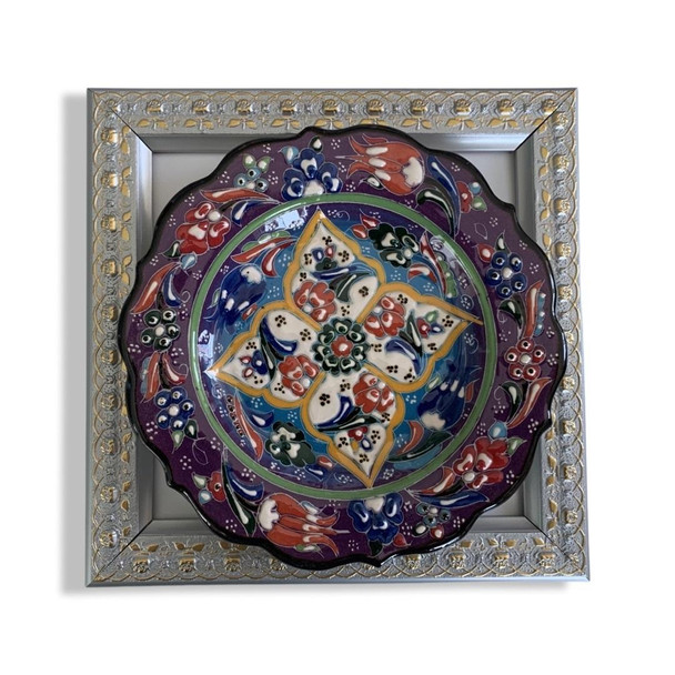 Hand painted ceramic plate with frame , wall decor plate , turkish plate