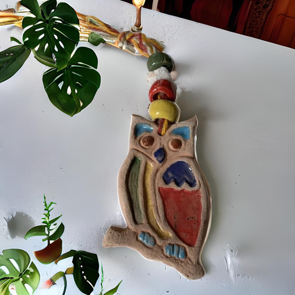 Handmade ceramic owl wall hanging with salt stone heart-shaped unique home decor gift