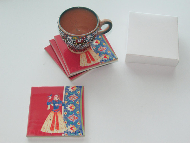 An artisan ceramic tea coaster set featuring a timeless red illustration of a traditional female figure, perfect for adding a touch of cultural heritage to any home decor setting.