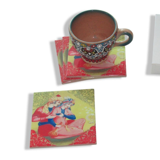 A premium Craftihouse gift set of four ceramic coasters, designed to provide both functional table protection and sophisticated, cultural elegance for an office desk.