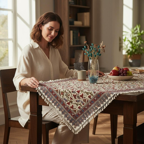 The Craftihouse collection of Persian Ghalamkari textiles in various round, square, and rectangular sizes