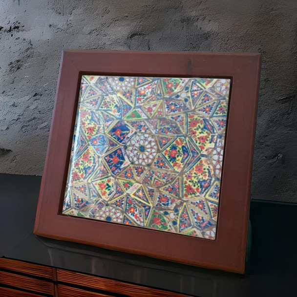 A professional product presentation of the authentic 10x10 cm decorative Khatam mosaic ceramic tile gift from a premier art, gift, and home decor supplier.