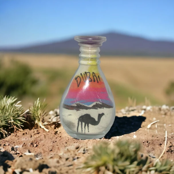 Mini Dubai sand art souvenir bottle with camel design displayed against a clean outdoor desert backdrop.