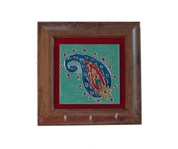 A beautiful 10x10cm hand-painted paisley tile mounted in a wooden frame with hooks, making it a perfect unique gift.