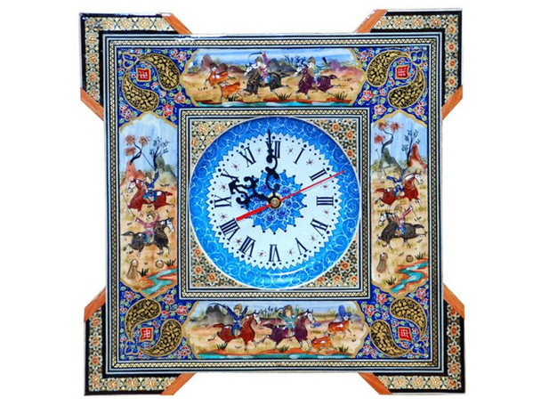 A premium 30.5 cm square handmade wooden wall clock featuring intricate brass marquetry and a hand-painted blue Minakari face.