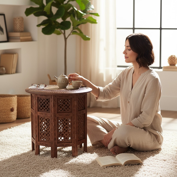 Hand Carved Wooden-brass Round Coffee Table A Handmade Furniture For Your | Sophisticated Middle Eastern Art & Home Anchor - Luxury Handcrafted Art Craftihouse Dubai