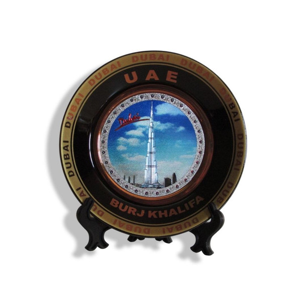 A 11.5 cm decorative ceramic plate featuring a high-definition illustration of the Burj Khalifa and a golden border.