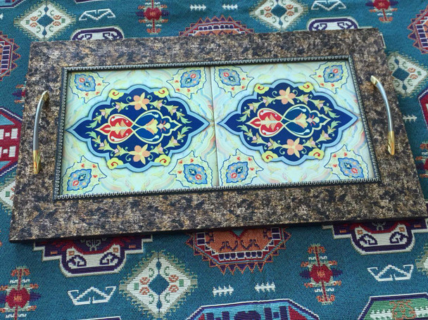 Wooden-ceramic Tray With Tile.. 48x28 | Premium Embossed Floral Plate | Authentic Cultural Gift - Luxury Handcrafted Art Craftihouse Dubai