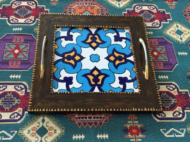 Handmade wooden-ceramic tray with handmaden Tile