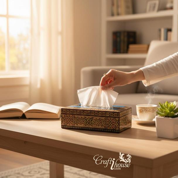 Handmade marquetry wooden tissue box with Khatam mosaic