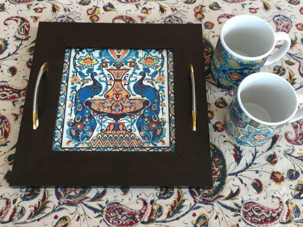Awesome Square Wooden-ceramic Tea Serving | Boutique Clay Wall Hanging | Unique Middle Eastern Decor - Luxury Handcrafted Art Craftihouse Dubai