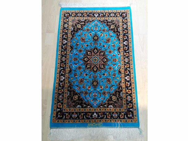 Handmade Silk Carpet Qom Carpet Blue Pattern Handmade Carpet 90x60cm | High-end Boutique Souvenir | Crafted In Dubai - Luxury Handcrafted Art Craftihouse Dubai