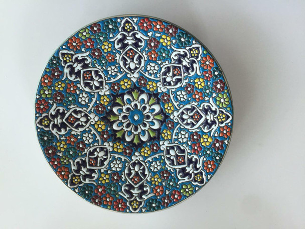 A beautiful 16 cm handmade ceramic plate featuring vibrant multi-colored patterns and a brilliant glossy enamel finish.