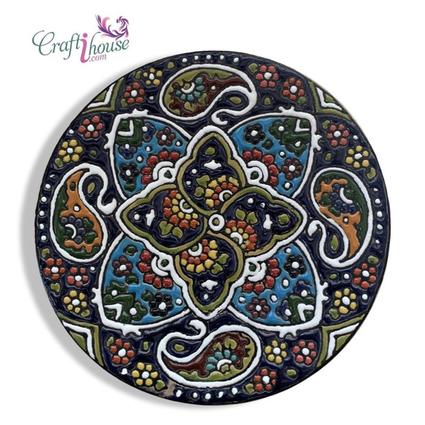 A stunning 16 cm handmade ceramic plate featuring vibrant 3D embossed enamel patterns and a glossy protective finish.
