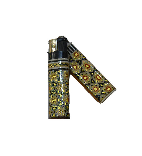 A professional product presentation of the exclusive Persian Khatamkari souvenir gas lighter from a premier UAE gift shop.