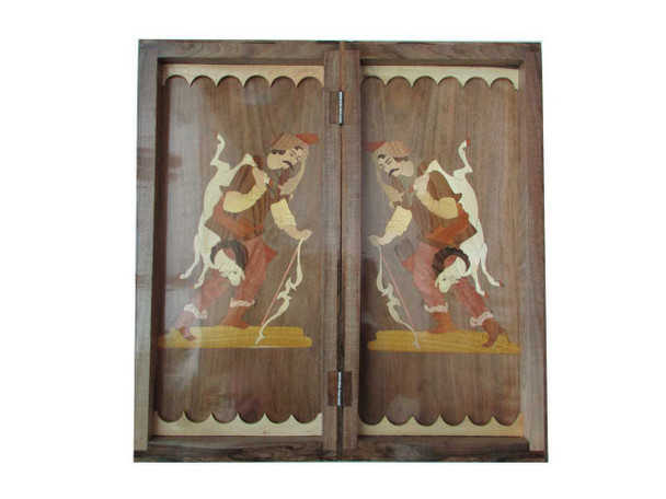 Detailed view of the backgammon "points" or triangles, crafted from high-precision marquetry instead of pain