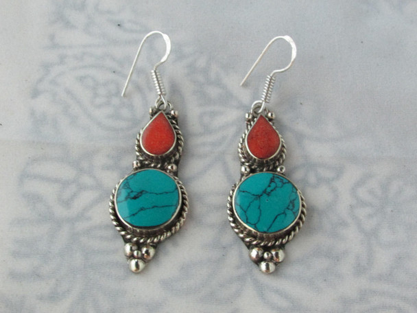 Luxury Handmade Nepal Tibet Turquoise & white mix Silver Earrings ,,Bohemian Native inspired Tribal Ethnic dangle Earrings Premium Design Showcase