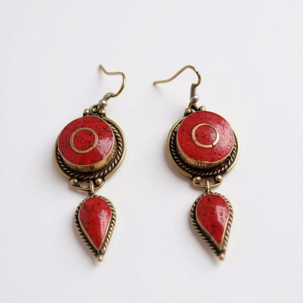 Luxury Handmade Nepal Tibet Red Coral Earrings – Boho Tribal Ethnic Dangle Jewelry Premium Design Showcase