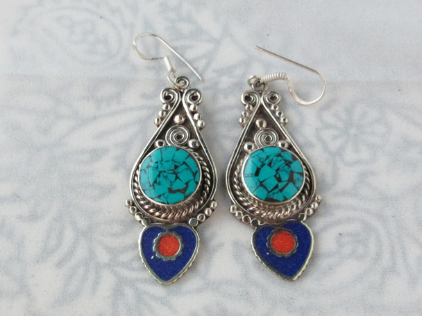 Luxury Handmade Nepal Tibet Turquoise and  white mix Silver Earrings Bohemian Native inspired Tribal Ethnic dangle Earrings Premium Design Showcase