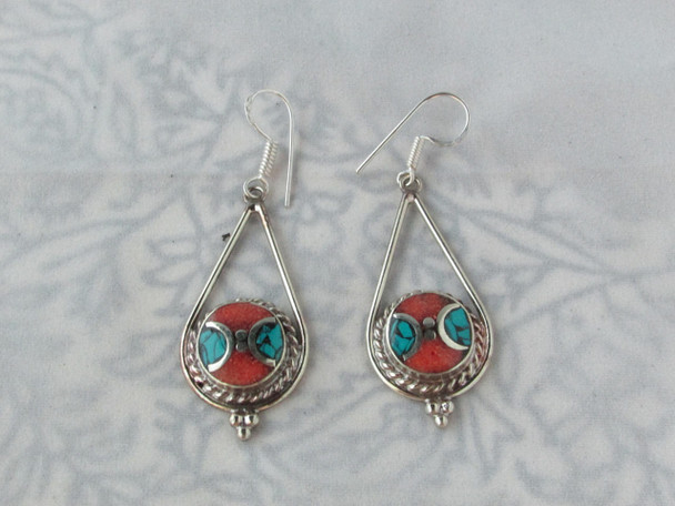 Luxury Nepal Tibet Turquoise & white mix Silver Earrings  ,Tribal Ethnic dangle Earrings Premium Design Showcase