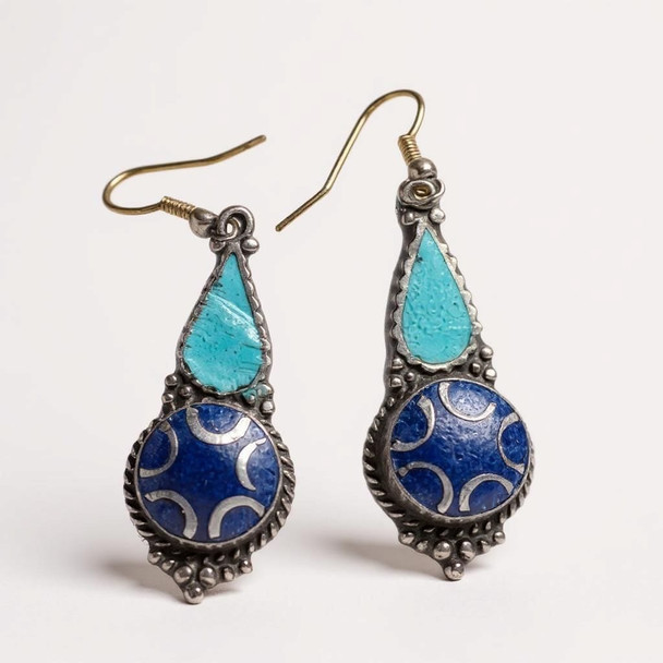 Luxury Boho Tribal Dangle Earrings – Handmade Tibetan Earrings with Lapis & Turquoise | Ethnic Gift for Her Premium Design Showcase