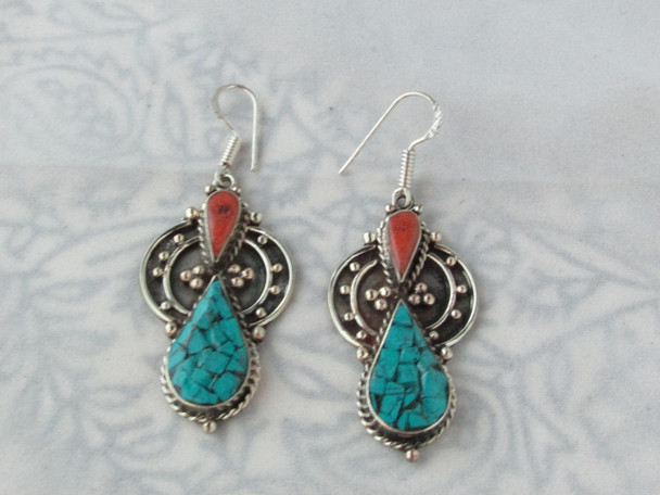 Luxury Nepal Tibet Turquoise & white mix Silver Earrings.Tribal Ethnic dangle Earrings Premium Design Showcase