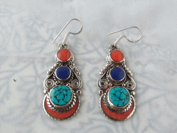 Luxury handmade Nepal Tibet Turquoise & white mix Silver Earrings.. Premium Design Showcase
