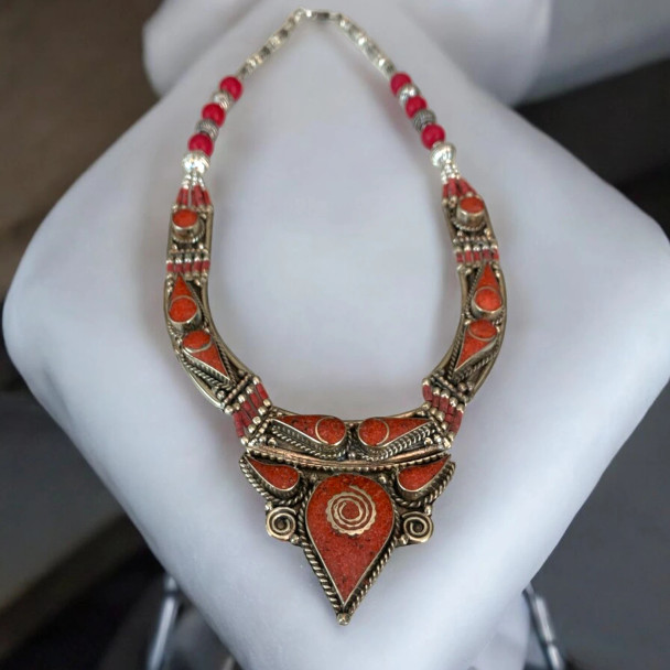 Luxury Handmade Beaded Statement Necklace | Bohemian Turquoise Jewelry | Nepali Red Necklace Premium Design Showcase