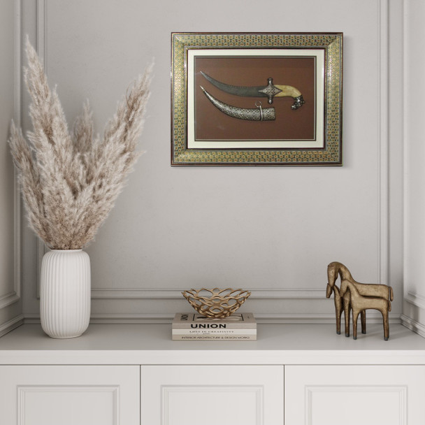A luxury 42x37cm wooden frame displaying a traditional Khanjar with a hand-carved tiger head camel bone handle.