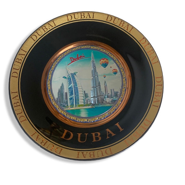 ceramic decorative plate featuring a panoramic view of the Burj Khalifa and Burj Al Arab with a golden border.