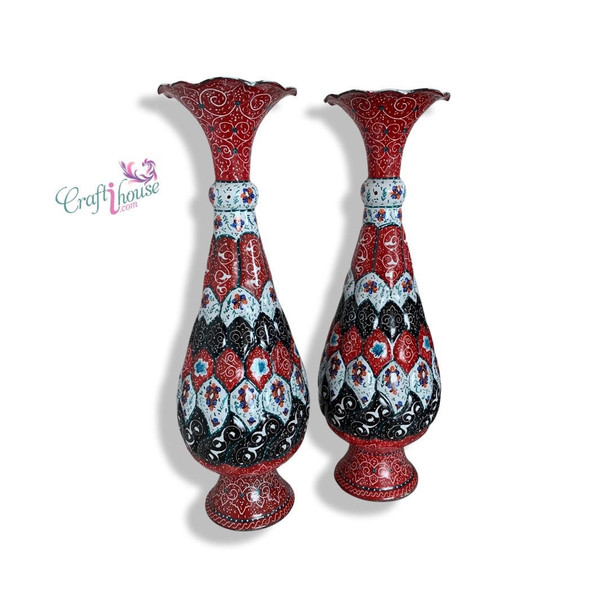 Minakari vase Set , Set of 2 pcs hand painted copper vase 30 cm , flower vase for living room decor 