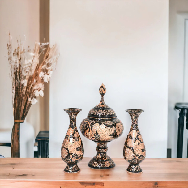 Exclusive set of Hand Engraved pedestal copper candy bowl and 2 vases Fine Craftsmanship Detail