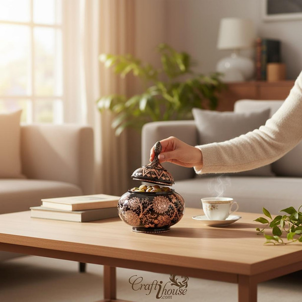 Engraved copper sugar bowl