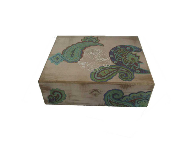 A hand-carved wooden box with a distressed patina finish and a rustic brass latch