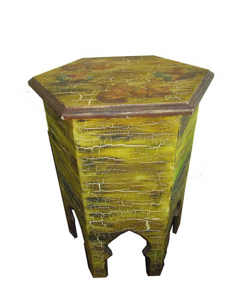 A top-down view of the hexagonal table showing the beautiful natural wood grain and precision-cut edges.