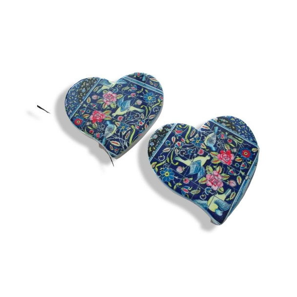 A 1-piece heart-shaped printed ceramic fridge magnet featuring traditional floral and bird patterns in rich blue, red, and yellow colors.