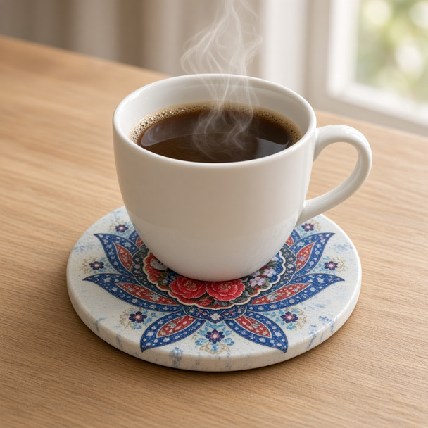 A professionally presented 9 cm round printed ceramic coaster featuring a traditional Gol-o-Morgh floral centerpiece framed by intricate blue and red arabesque petals on a soft cream background