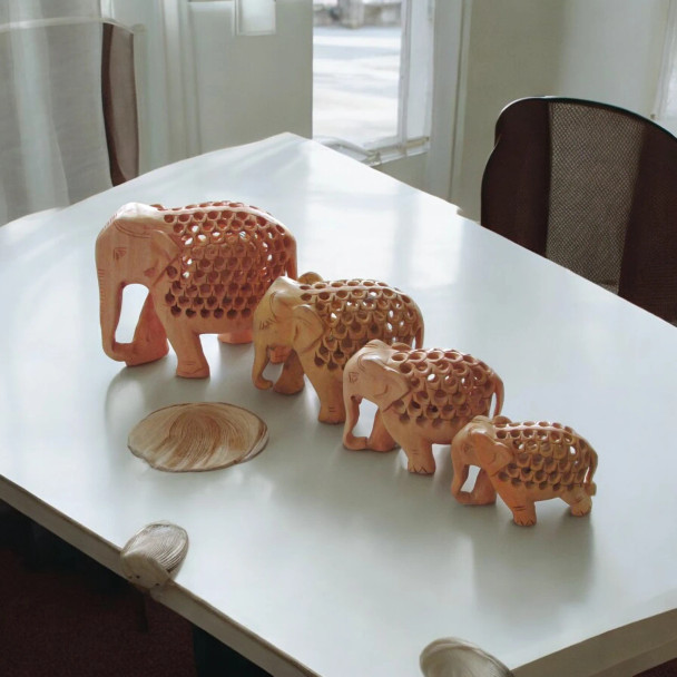Artisan Hand Carved Elephant Family High-Resolution Product Shot