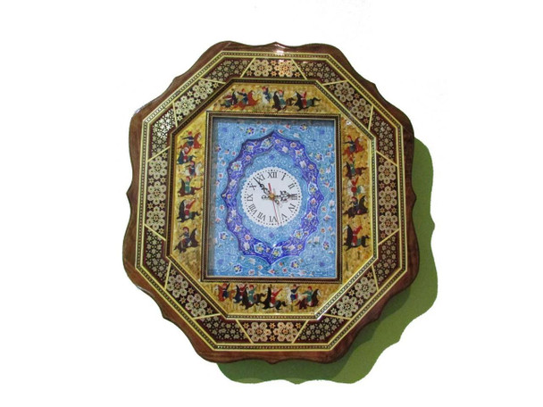 An amazing handmade wall hanging clock featuring an intricate Khatamkari marquetry frame and a hand-painted blue Minakari plate face.