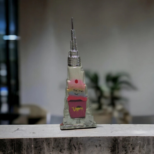 13 cm glass bottle filled with colored sand, skillfully arranged to depict the Burj Khalifa skyline.