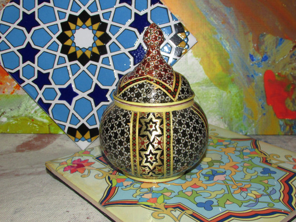 A handcrafted Persian copper sugar bowl (Ghandan) featuring intricate Khatamkari marquetry inlay on the lid and body.