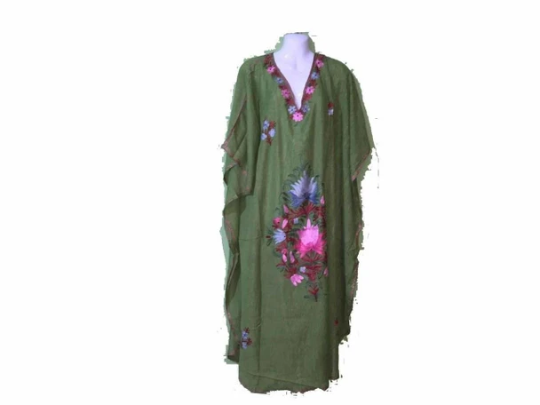 Luxury Women's Floral Green  Embroidered Long Cotton Kaftan Maxi Dress Free size Premium Design Showcase
