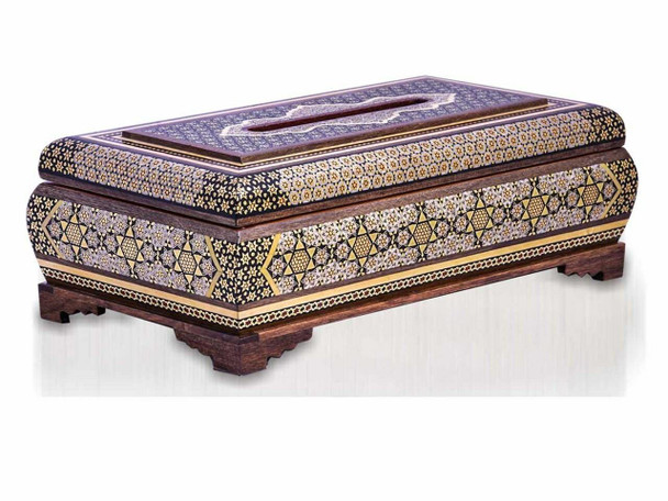 A beautifully handcrafted 6x13 cm wooden tissue holder adorned with intricate Khatamkari mosaic inlay art.