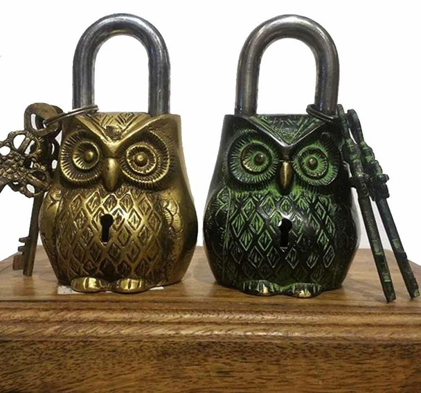 "the Watchful Wise" Owl 1 Piece 12 Cm Style Antique Green & Gold Finish Perfect Gift For Owl Lovers | Handmade Brass Animal Shaped Lock | Vintage Shelf Decor - Luxury Handcrafted Art Craftihouse Dubai