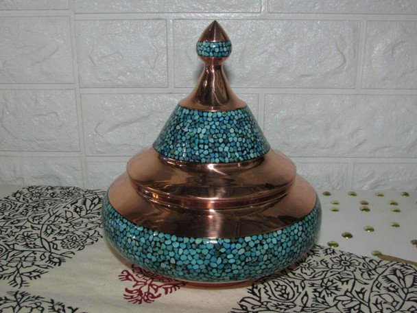 A premium handmade turquoise inlaid copper sugar bowl titled "The Azure Keepsake" featuring a mosaic of blue stones and a matching lid.
